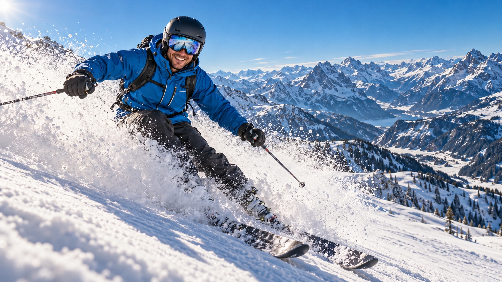 Skifahrer in verschneiter Alpenlandschaft